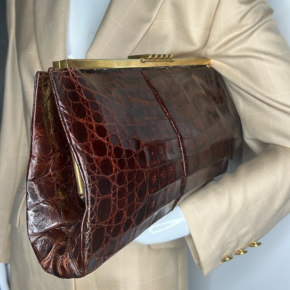 Large Genuine Alligator Brass Frame Structured Clutch Purse Bag